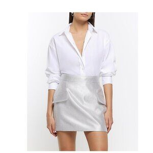 NWT River Island Women's‎ Metallic Cream Flap Pocket Mini Skirt, Size 10